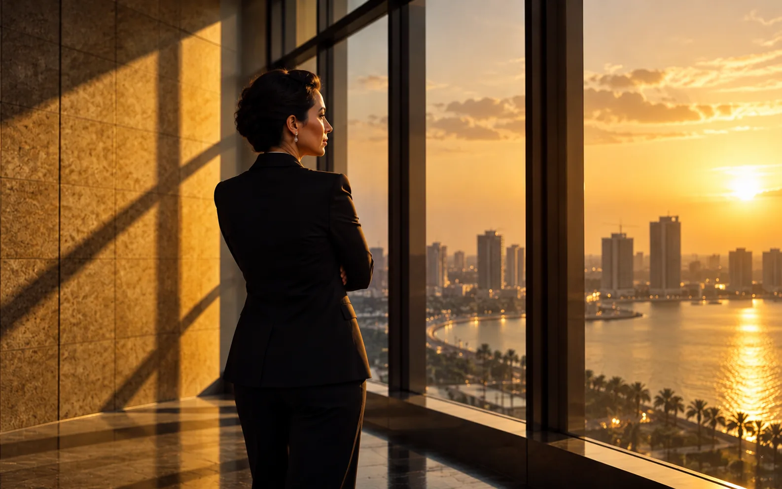 RITA AI — inteligência estratégica: arquitetura contemporânea em luz dourada e horizonte aberto